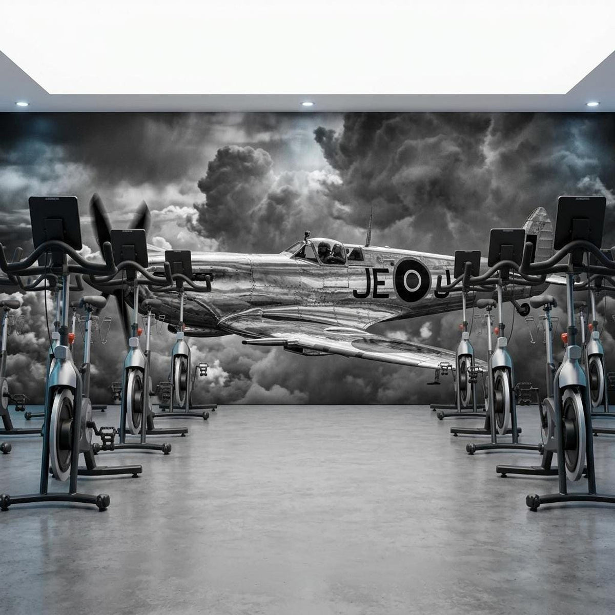 Plane Wall Mural Vintage WWII Spitfire Fighter Black and White Aviation Art