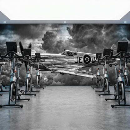Plane Wall Mural Vintage WWII Spitfire Fighter Black and White Aviation Art