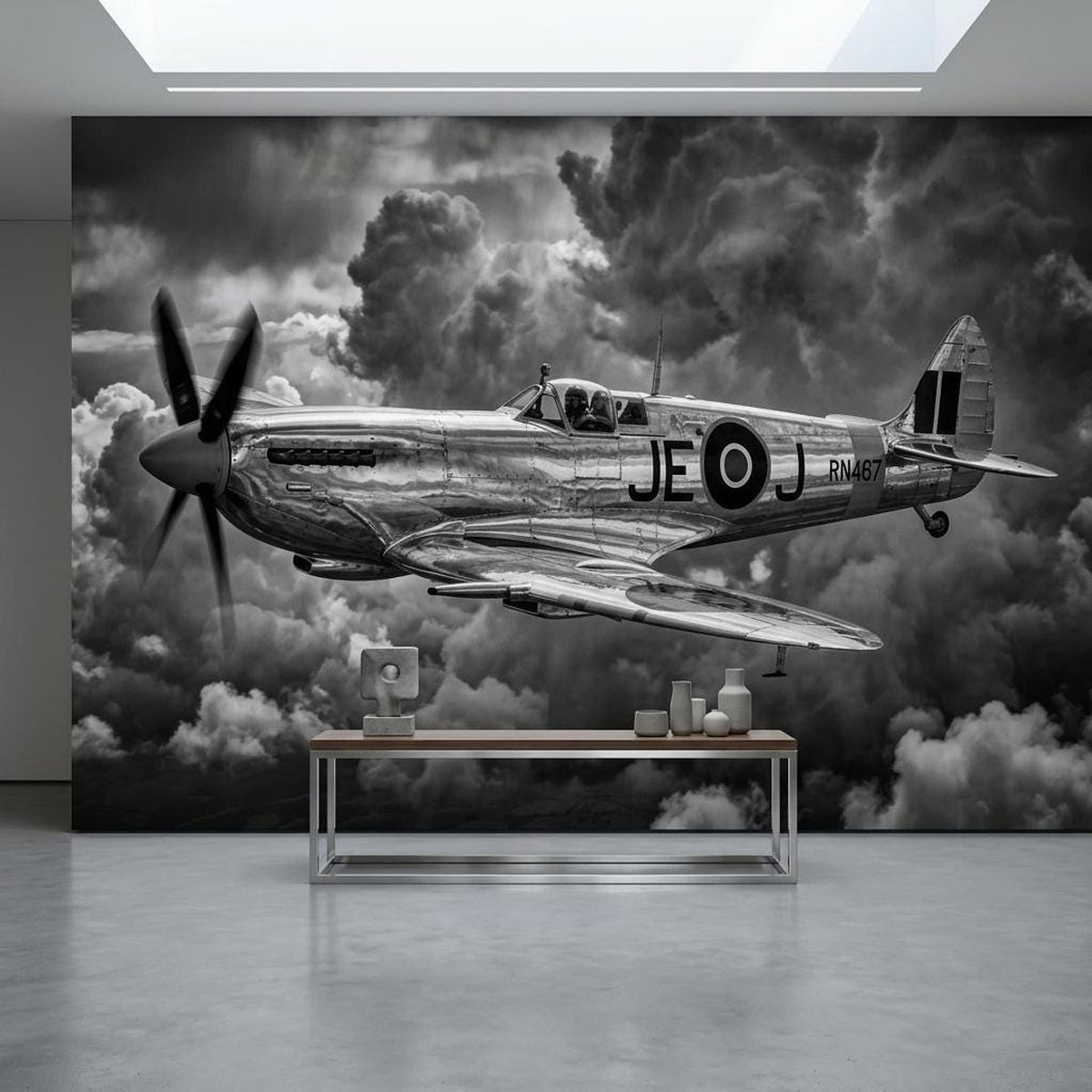 Plane Wall Mural Vintage WWII Spitfire Fighter Black and White Aviation Art