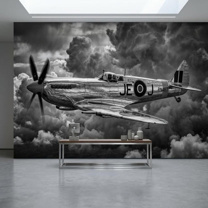 Plane Wall Mural Vintage WWII Spitfire Fighter Black and White Aviation Art