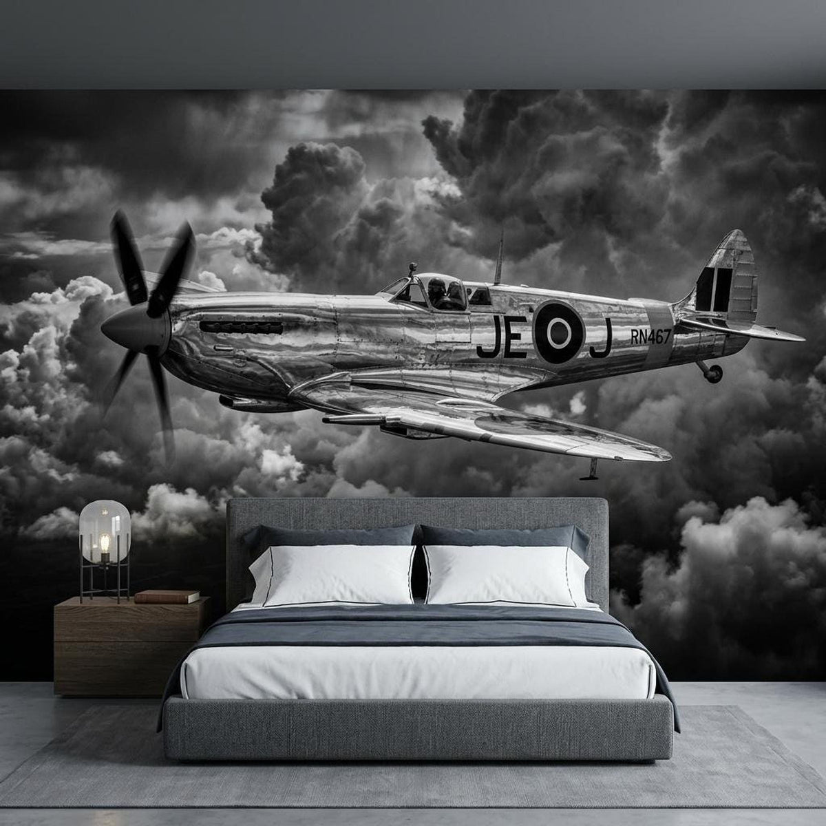 Plane Wall Mural Vintage WWII Spitfire Fighter Black and White Aviation Art