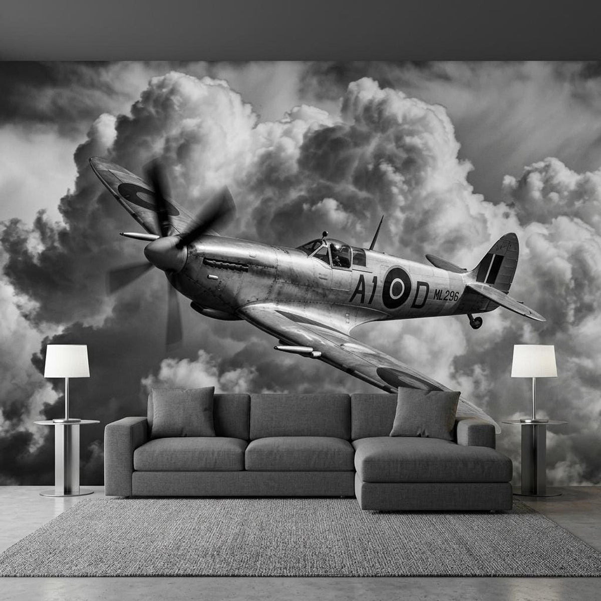 Vintage Spitfire Airplane Mural, Monochrome Warbird Wall Art (Digital Download)