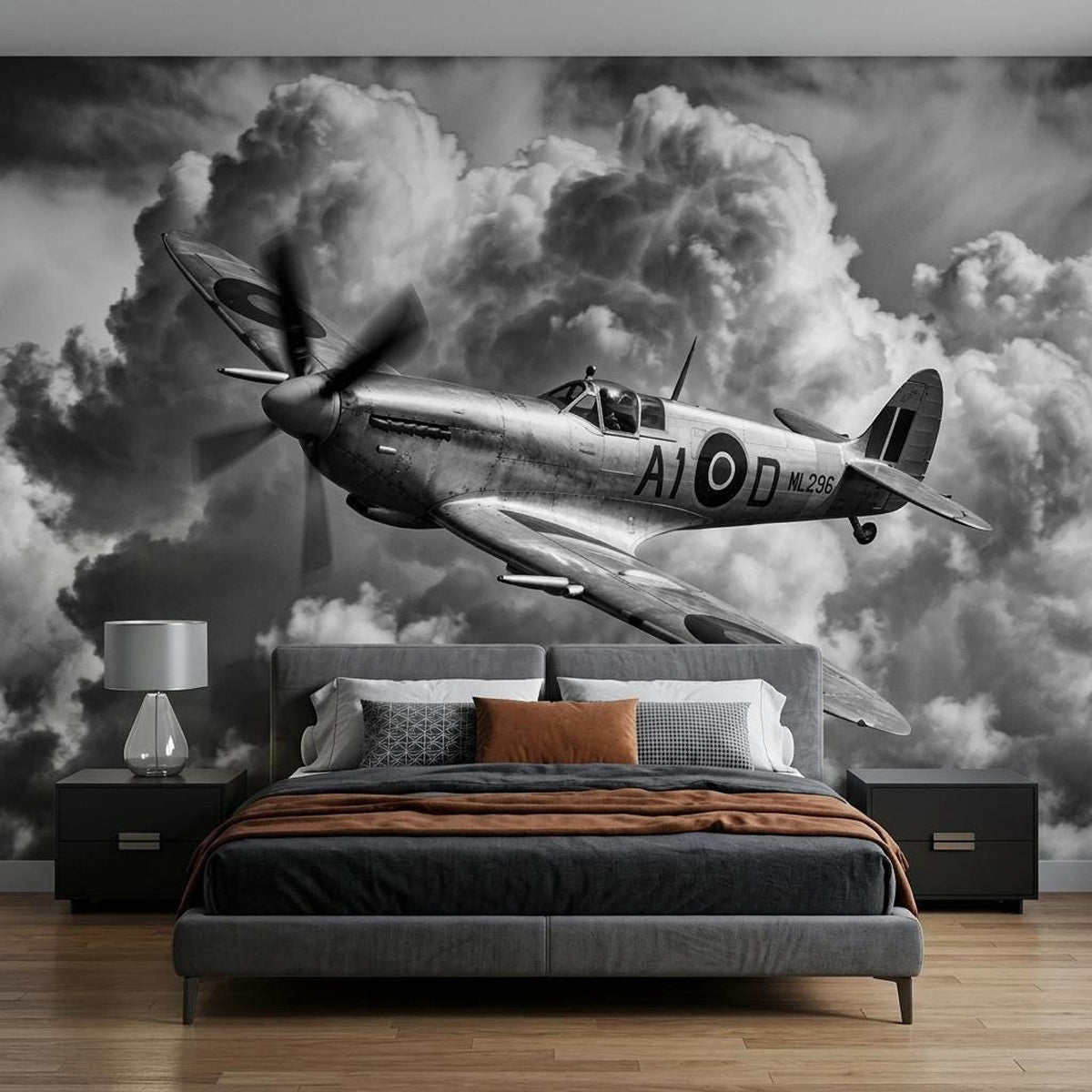 Vintage Spitfire Airplane Mural, Monochrome Warbird Wall Art (Digital Download)