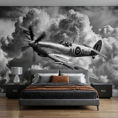 Vintage Spitfire Airplane Mural, Monochrome Warbird Wall Art (Digital Download)