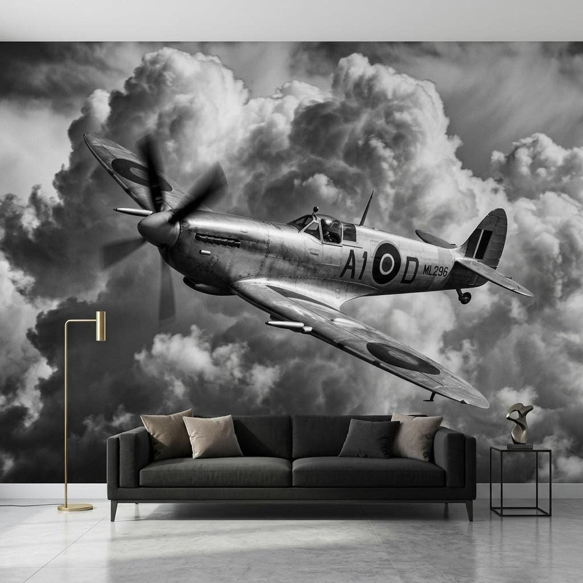 Vintage Spitfire Airplane Mural, Monochrome Warbird Wall Art (Digital Download)
