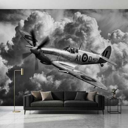 Vintage Spitfire Airplane Mural, Monochrome Warbird Wall Art (Digital Download)