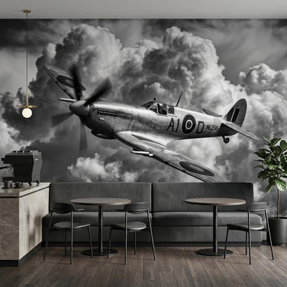 Vintage Spitfire Airplane Mural, Monochrome Warbird Wall Art (Digital Download)