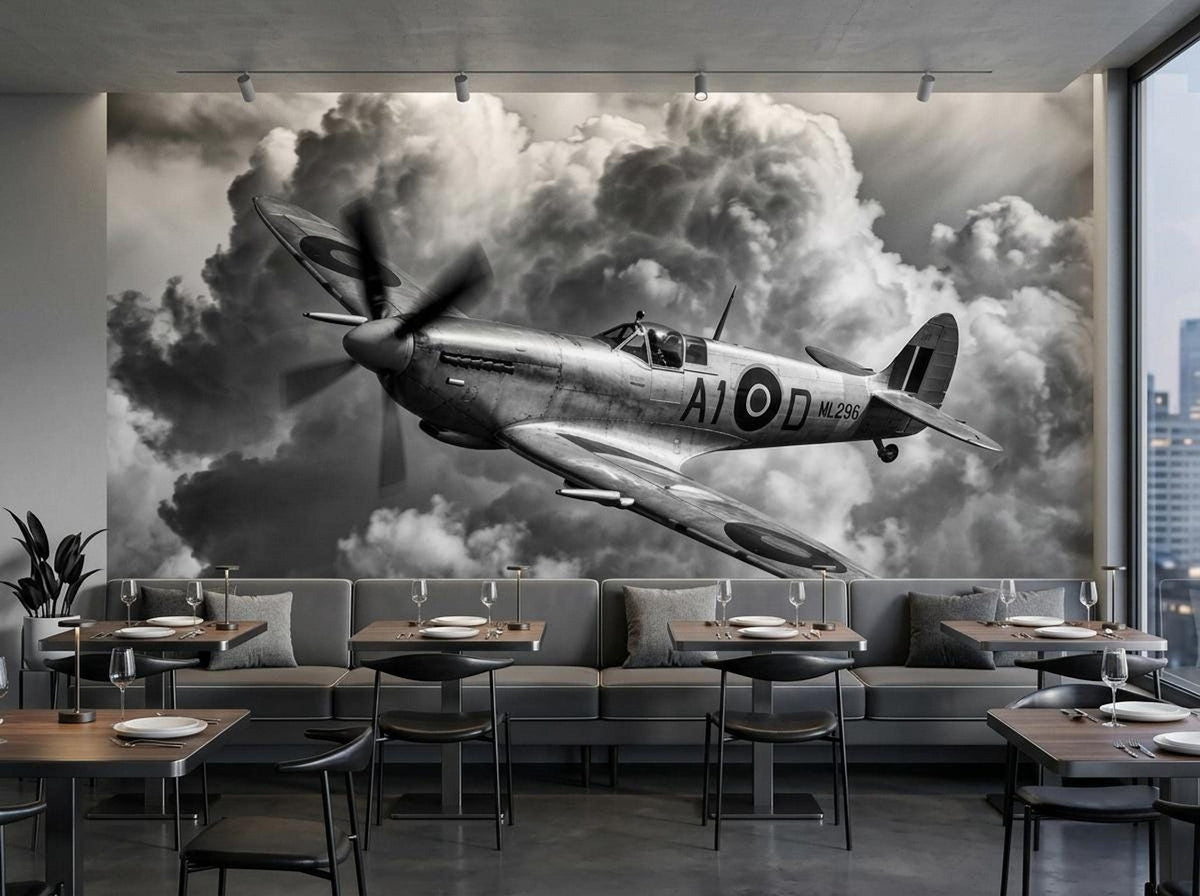 Vintage Spitfire Airplane Mural, Monochrome Warbird Wall Art (Digital Download)