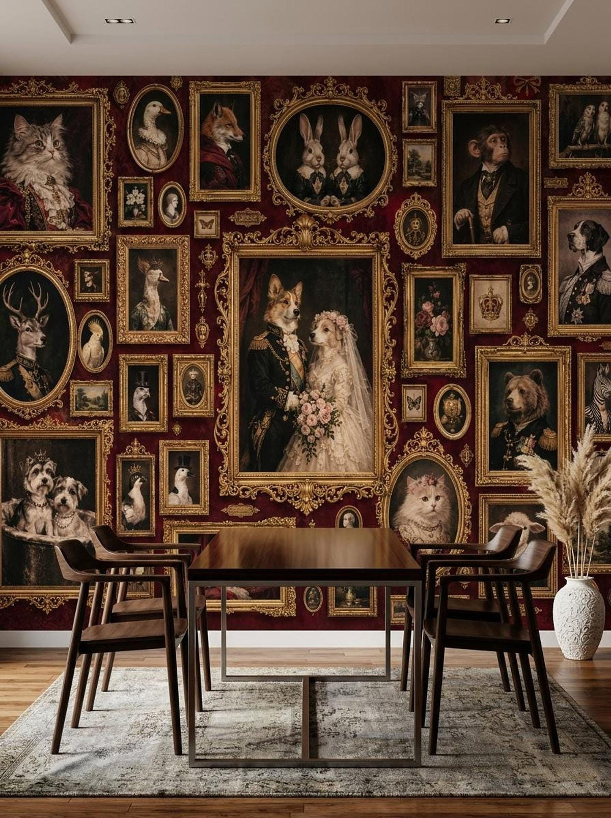 Maximalist Animal Portrait Wallpaper, Dark Academia Mural, Ornate Gothic Art (Peel & Stick)