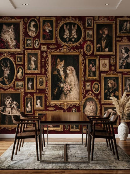 Maximalist Animal Portrait Wallpaper, Dark Academia Mural, Ornate Gothic Art (Peel & Stick)