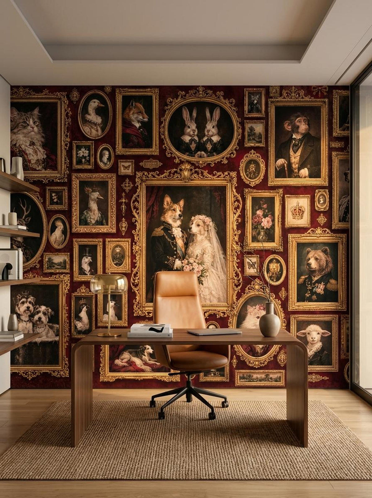 Maximalist Animal Portrait Wallpaper, Dark Academia Mural, Ornate Gothic Art (Peel & Stick)