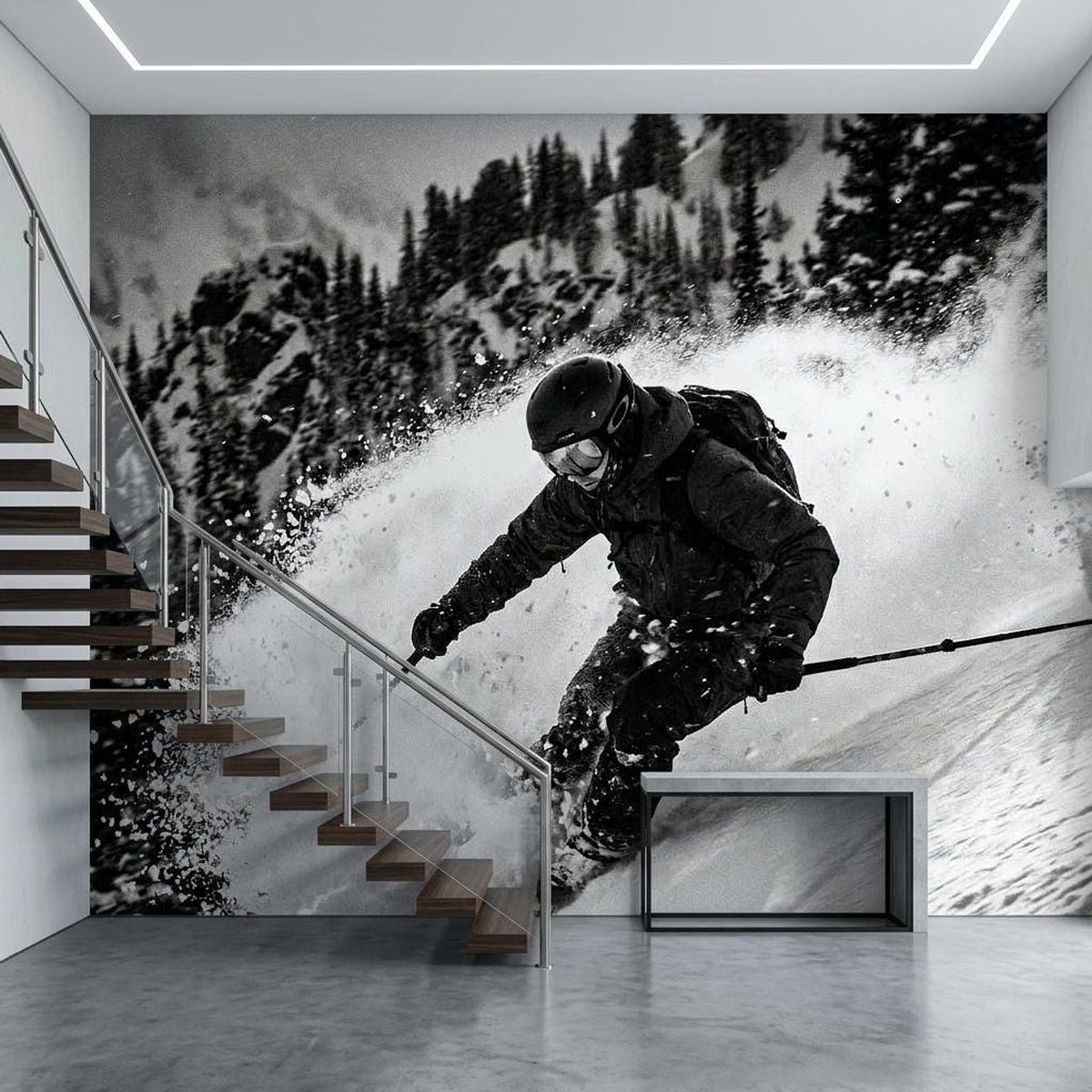 Black and White Skiing Wall Mural, Modern Mountain Action Sports Wallpaper
