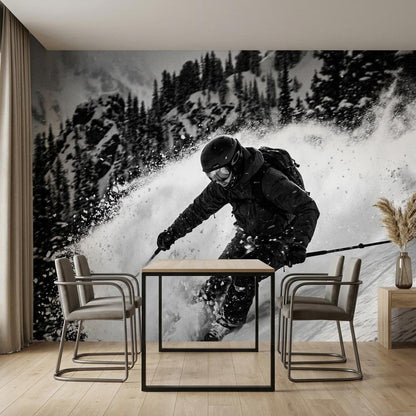 Black and White Skiing Wall Mural, Modern Mountain Action Sports Wallpaper