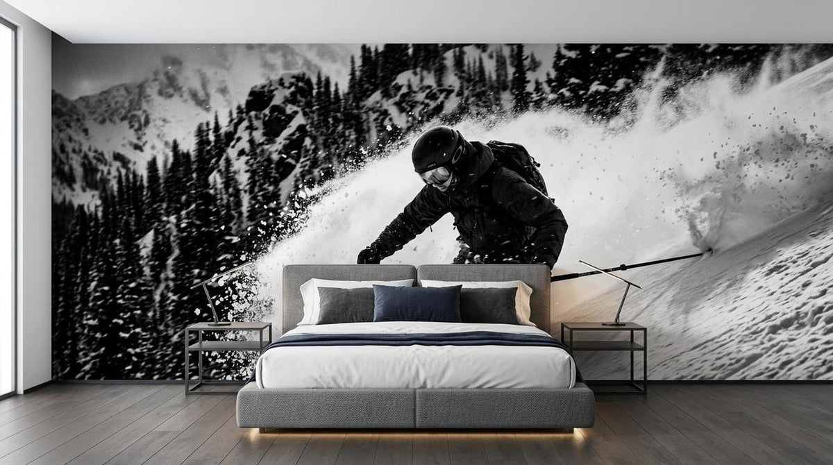 Black and White Skiing Wall Mural, Modern Mountain Action Sports Wallpaper