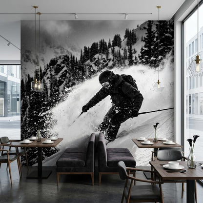 Black and White Skiing Wall Mural, Modern Mountain Action Sports Wallpaper
