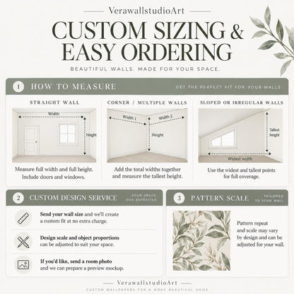 An informational graphic explaining how to measure walls, use custom design services, and adjust pattern scale.