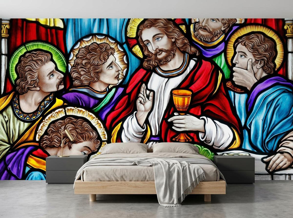 A stained glass Last Supper mural installed behind a low wooden bed with gray bedding and nightstands.