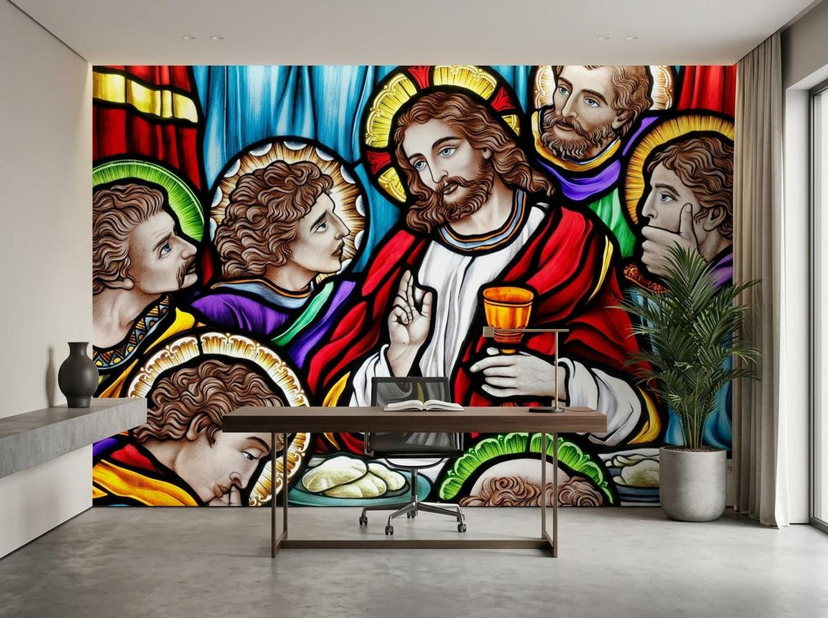 A stained glass Last Supper wall mural in a room with a wooden desk, chair, and a potted plant.