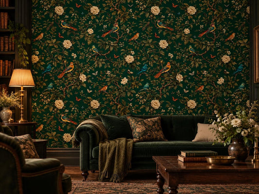 Emerald Green Floral Bird Wallpaper, Chinoiserie Peel and Stick Wall Mural, Dark Botanical Decor