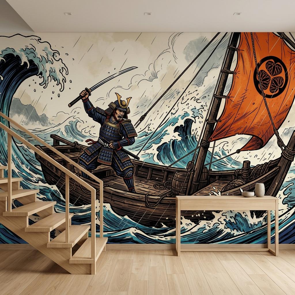 Japanese Samurai Ukiyo-e Wall Mural, Wave Warrior Art (Custom Sizing)