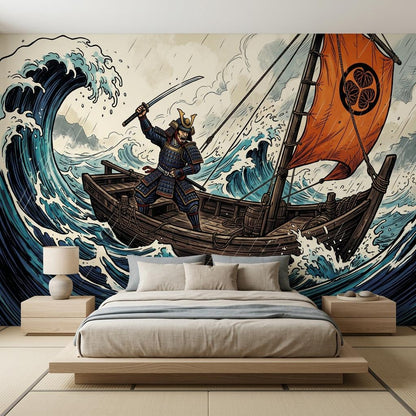 Japanese Samurai Ukiyo-e Wall Mural, Wave Warrior Art (Custom Sizing)