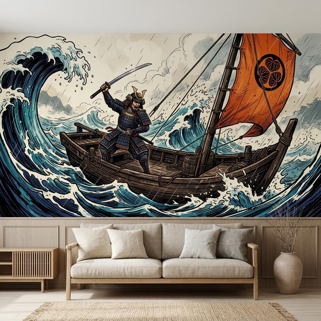 Japanese Samurai Ukiyo-e Wall Mural, Wave Warrior Art (Custom Sizing)