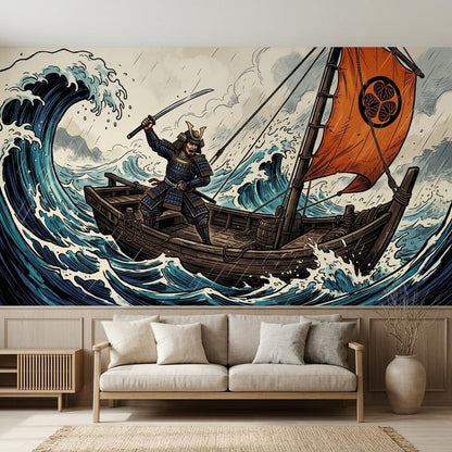 Japanese Samurai Ukiyo-e Wall Mural, Wave Warrior Art (Custom Sizing)