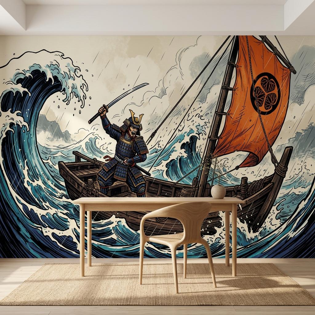 Japanese Samurai Ukiyo-e Wall Mural, Wave Warrior Art (Custom Sizing)