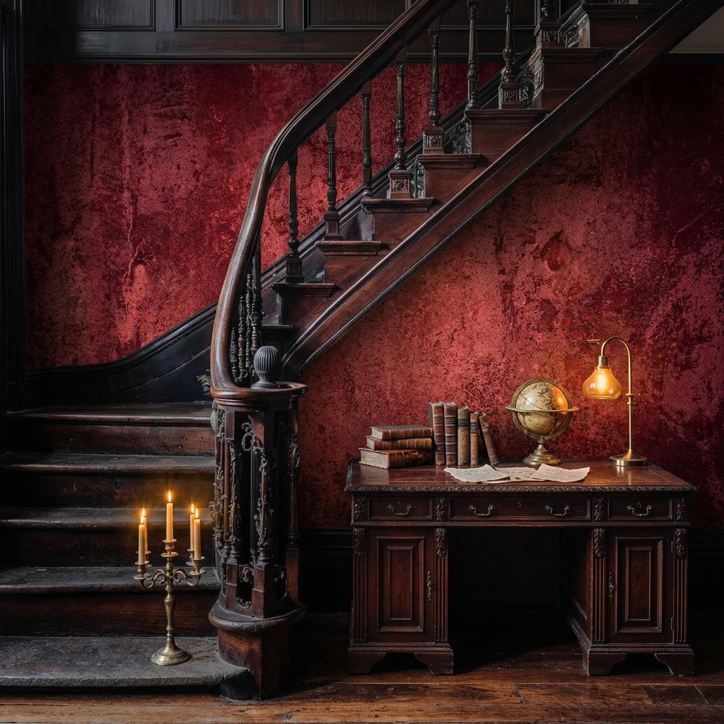 Dark Red Textured Plaster Wallpaper, Gothic Academia Wall Mural, Industrial Grunge Removable Paper
