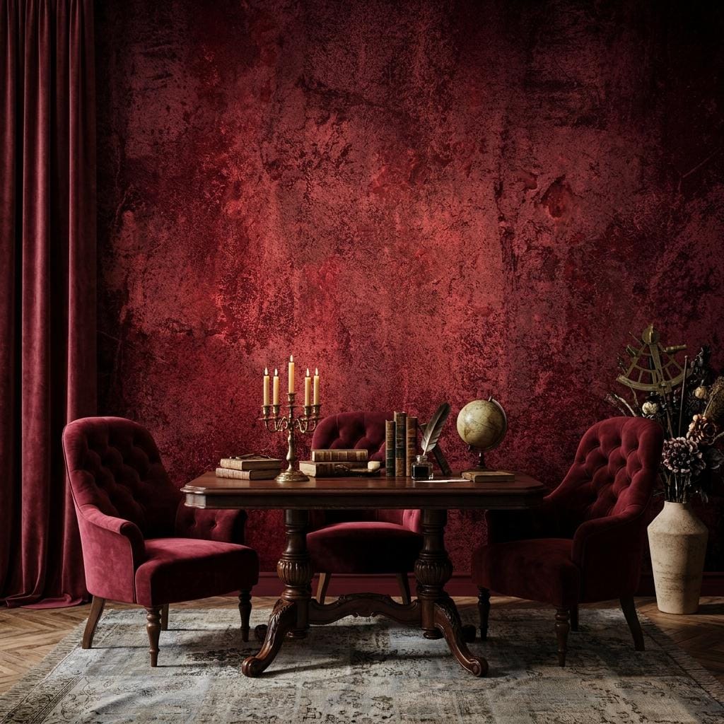 Dark Red Textured Plaster Wallpaper, Gothic Academia Wall Mural, Industrial Grunge Removable Paper