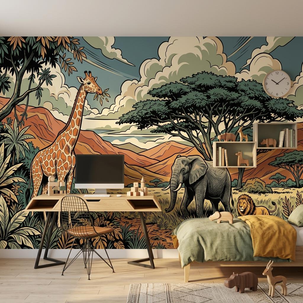 Safari Animal Illustration Wallpaper Mural, Jungle Savannah Nursery Art