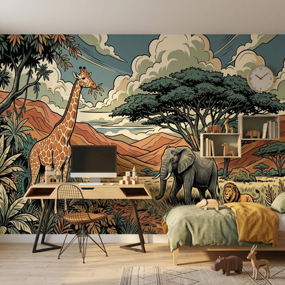 Safari Animal Illustration Wallpaper Mural, Jungle Savannah Nursery Art