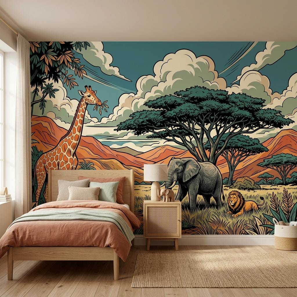 Safari Animal Illustration Wallpaper Mural, Jungle Savannah Nursery Art
