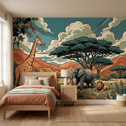 Safari Animal Illustration Wallpaper Mural, Jungle Savannah Nursery Art