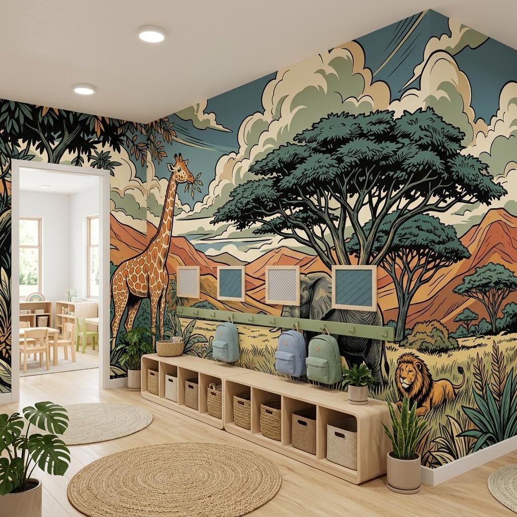 Safari Animal Illustration Wallpaper Mural, Jungle Savannah Nursery Art