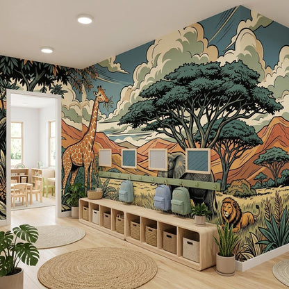 Safari Animal Illustration Wallpaper Mural, Jungle Savannah Nursery Art