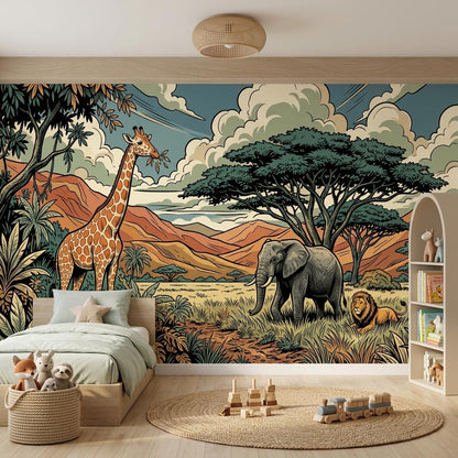 Safari Animal Illustration Wallpaper Mural, Jungle Savannah Nursery Art