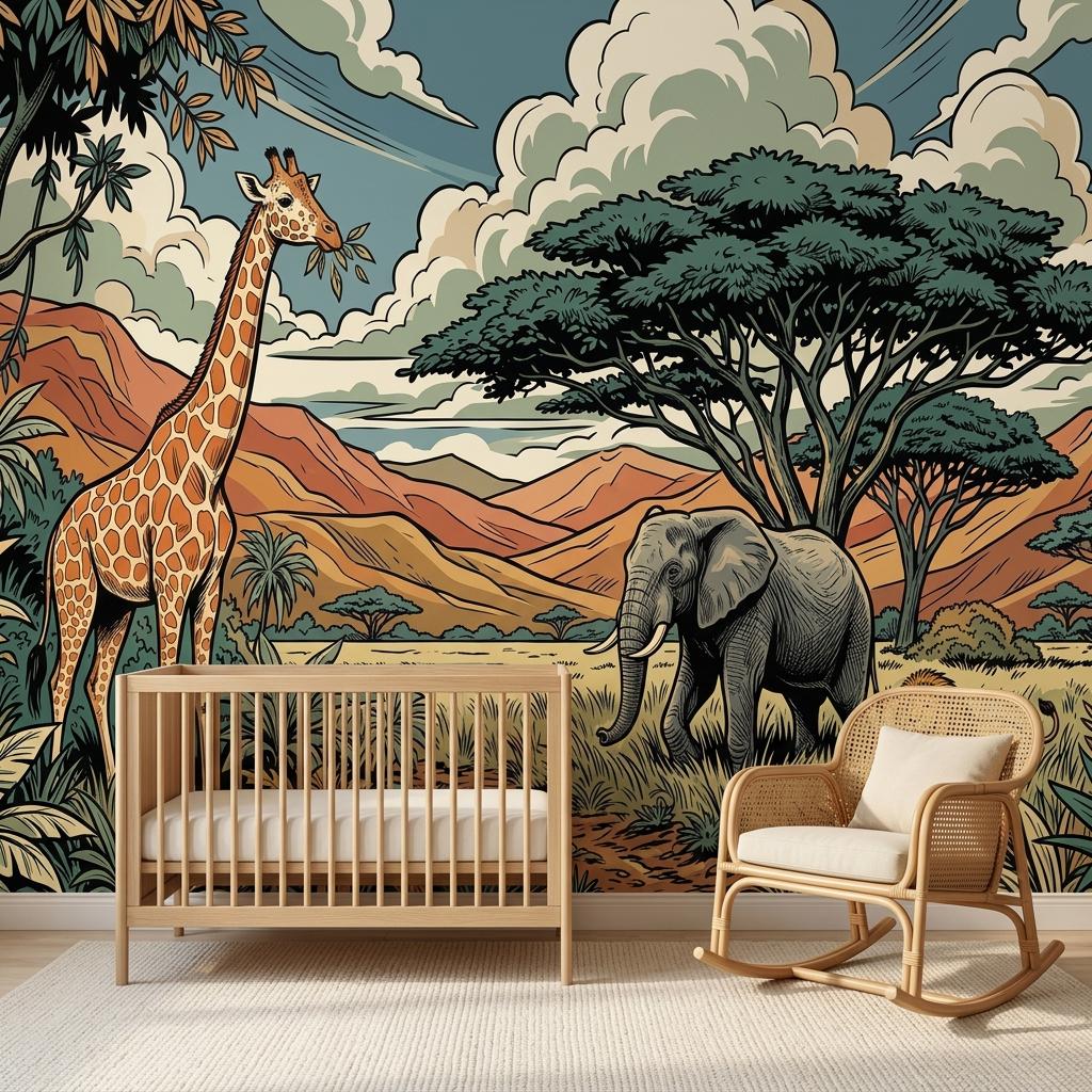 Safari Animal Illustration Wallpaper Mural, Jungle Savannah Nursery Art