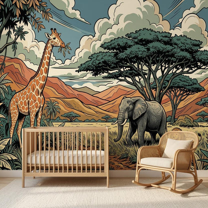 Safari Animal Illustration Wallpaper Mural, Jungle Savannah Nursery Art