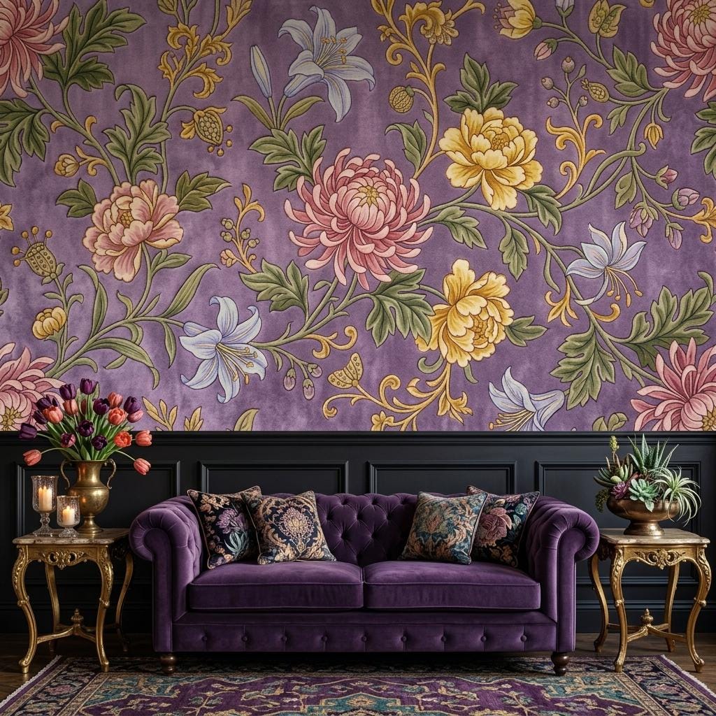 Art Nouveau Floral Wallpaper Mural, Purple Peony Lily Chinoiserie (Ready-to-Use)