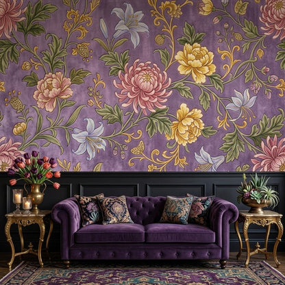 Art Nouveau Floral Wallpaper Mural, Purple Peony Lily Chinoiserie (Ready-to-Use)