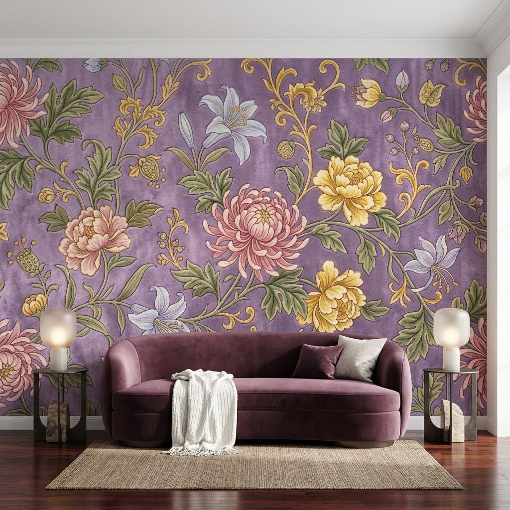 Art Nouveau Floral Wallpaper Mural, Purple Peony Lily Chinoiserie (Ready-to-Use)