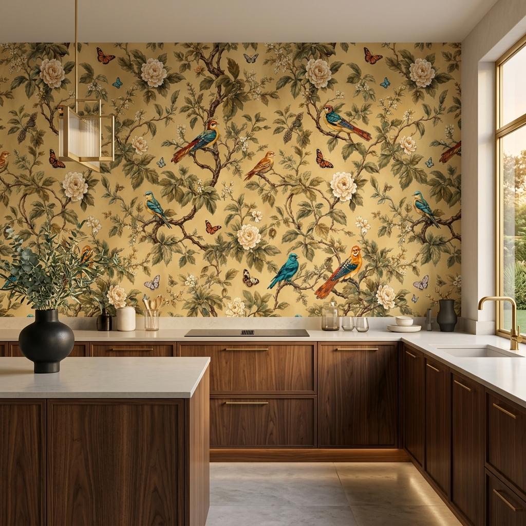 Chinoiserie Floral Gold Wallpaper, Botanical Birds, Butterfly Mural (Custom Sizing)