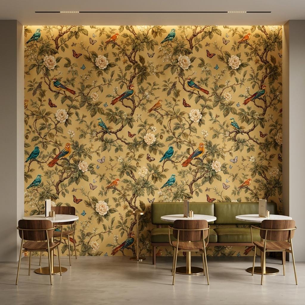 Chinoiserie Floral Gold Wallpaper, Botanical Birds, Butterfly Mural (Custom Sizing)