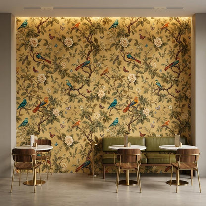 Chinoiserie Floral Gold Wallpaper, Botanical Birds, Butterfly Mural (Custom Sizing)