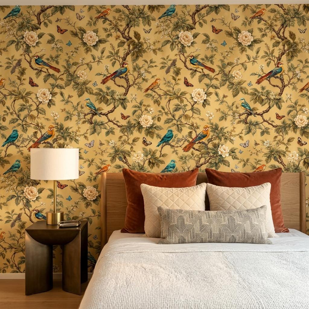 Chinoiserie Floral Gold Wallpaper, Botanical Birds, Butterfly Mural (Custom Sizing)