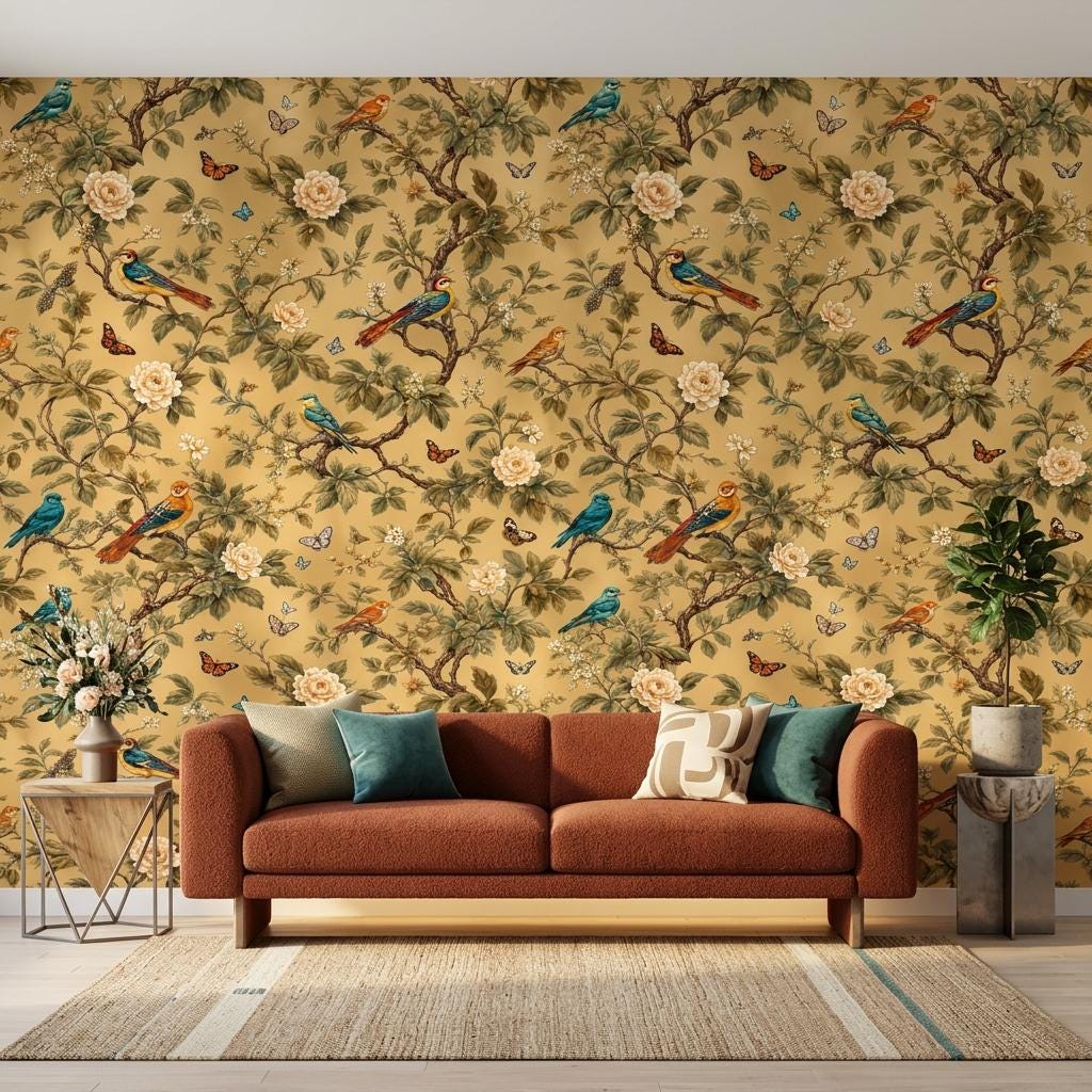 Chinoiserie Floral Gold Wallpaper, Botanical Birds, Butterfly Mural (Custom Sizing)