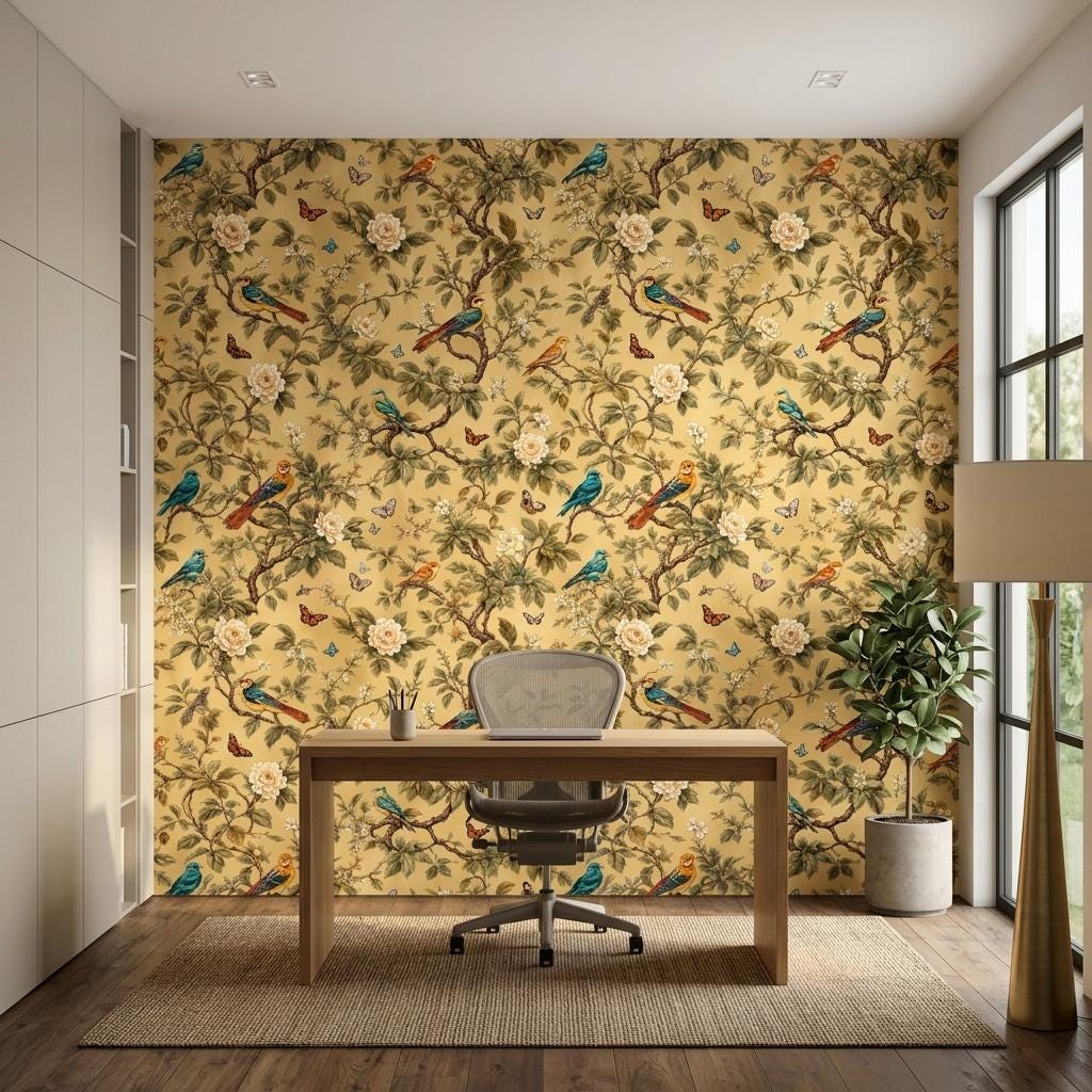 Chinoiserie Floral Gold Wallpaper, Botanical Birds, Butterfly Mural (Custom Sizing)