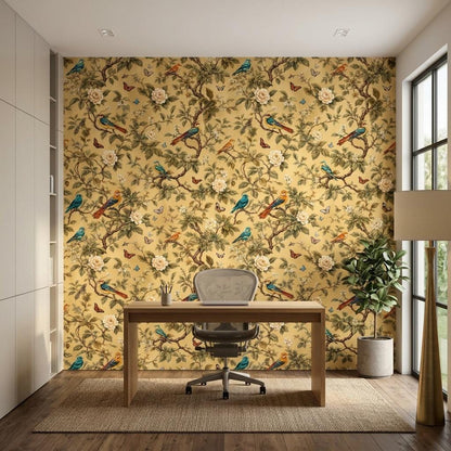 Chinoiserie Floral Gold Wallpaper, Botanical Birds, Butterfly Mural (Custom Sizing)