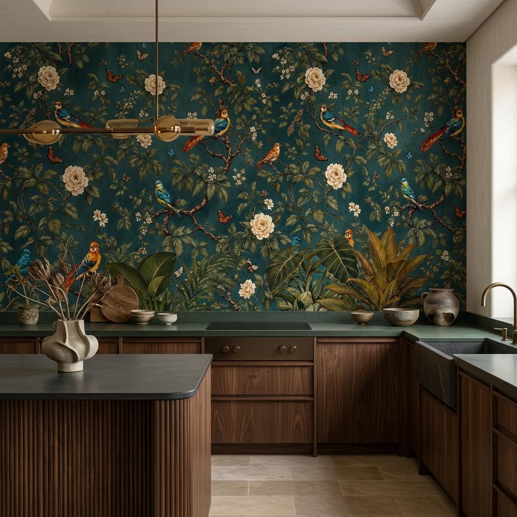Vintage Chinoiserie Bird Floral Wallpaper, Teal Botanical Mural, Peel & Stick Wall Decor